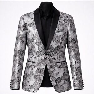 Suslo Couture Mens Silver Black Smoking Jacket Blazer Lapels Floral XS